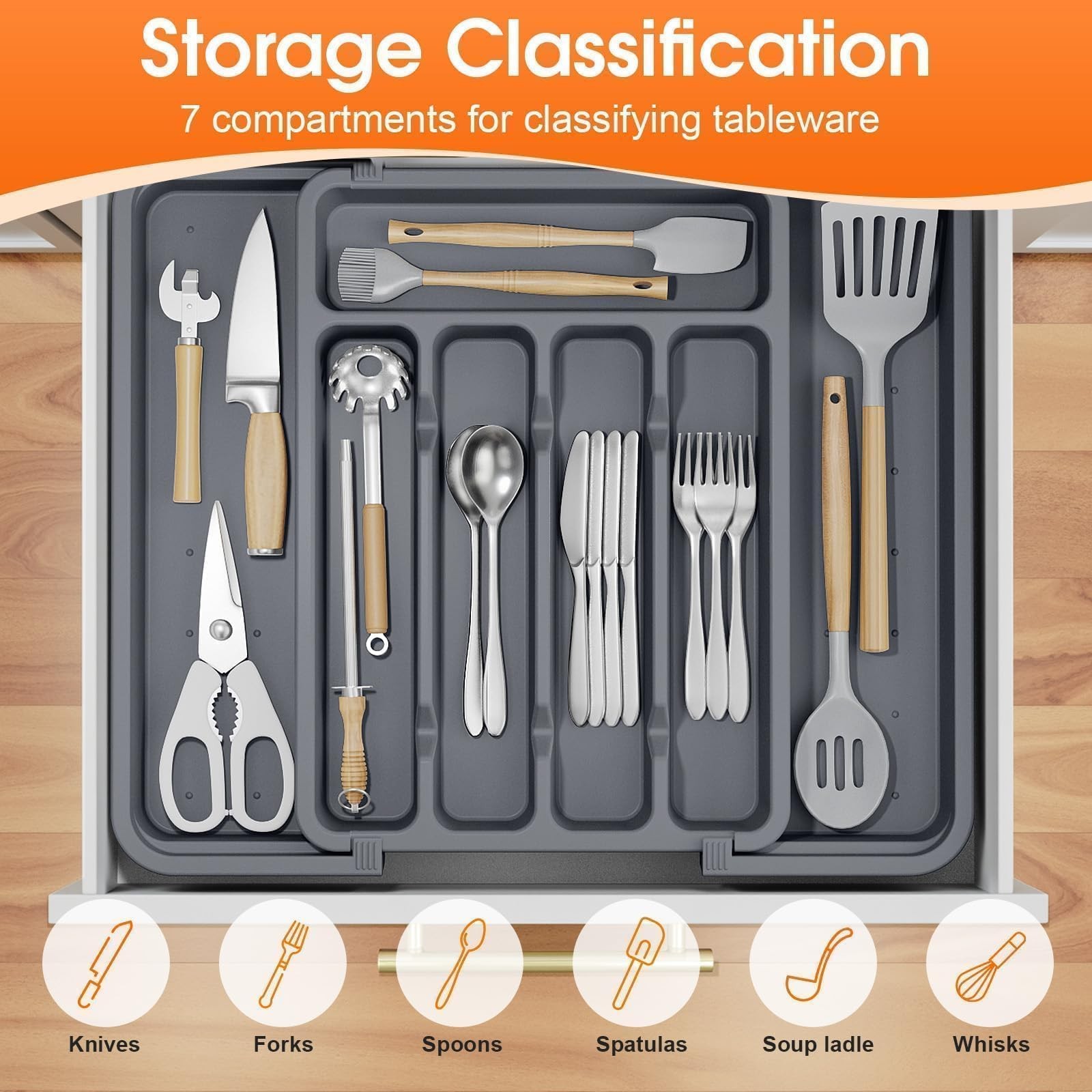 SpaceHacks Silverware Organizer，Adjustable & Expandable Utensil Medium, Grey