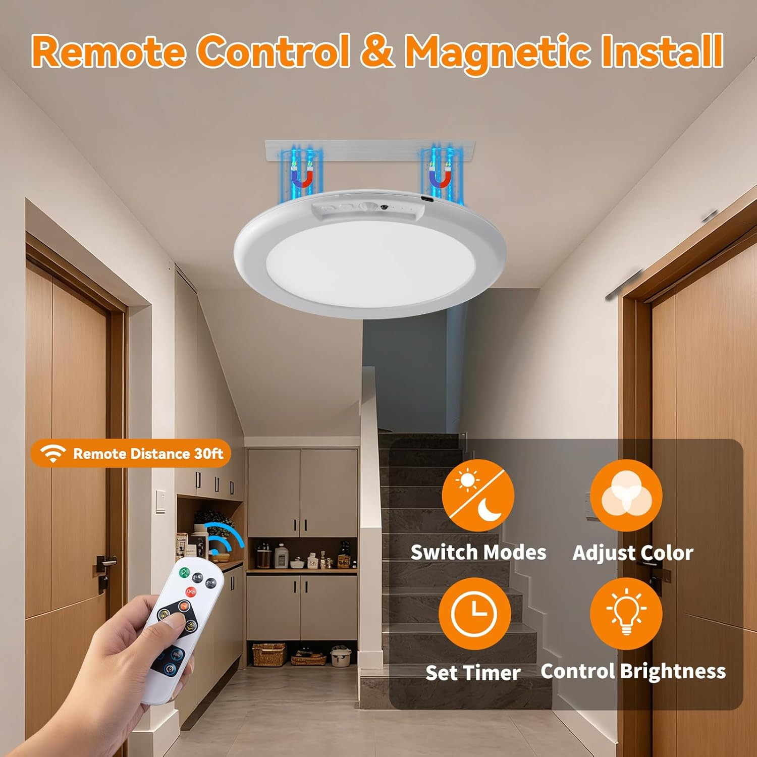 Rechargeable Ceiling Light 2Pack, 3 Color Motion Sensor Lights with Remote, Wire