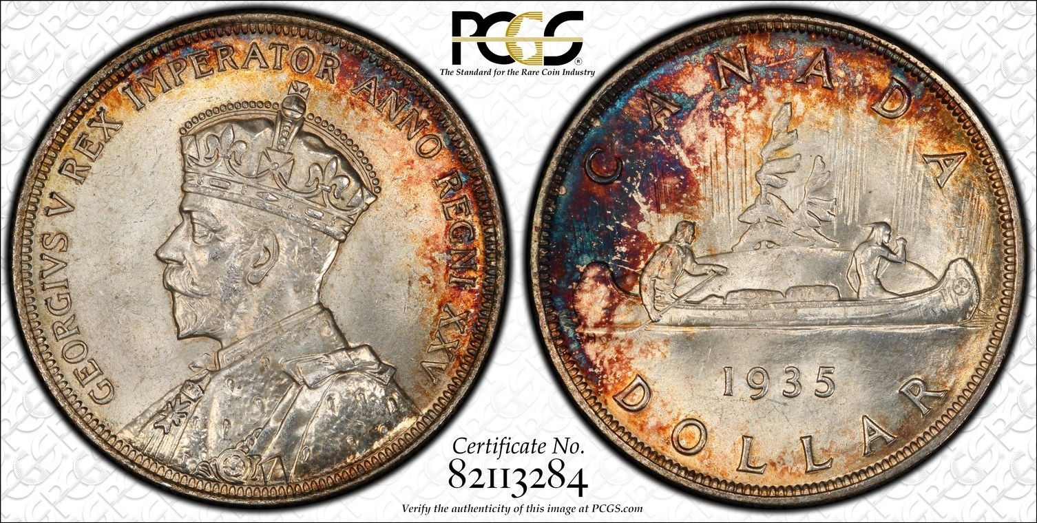 Canada 1935 $1 George V Silver Jubilee Silver Coin PCGS MS65+ Rainbow Toned