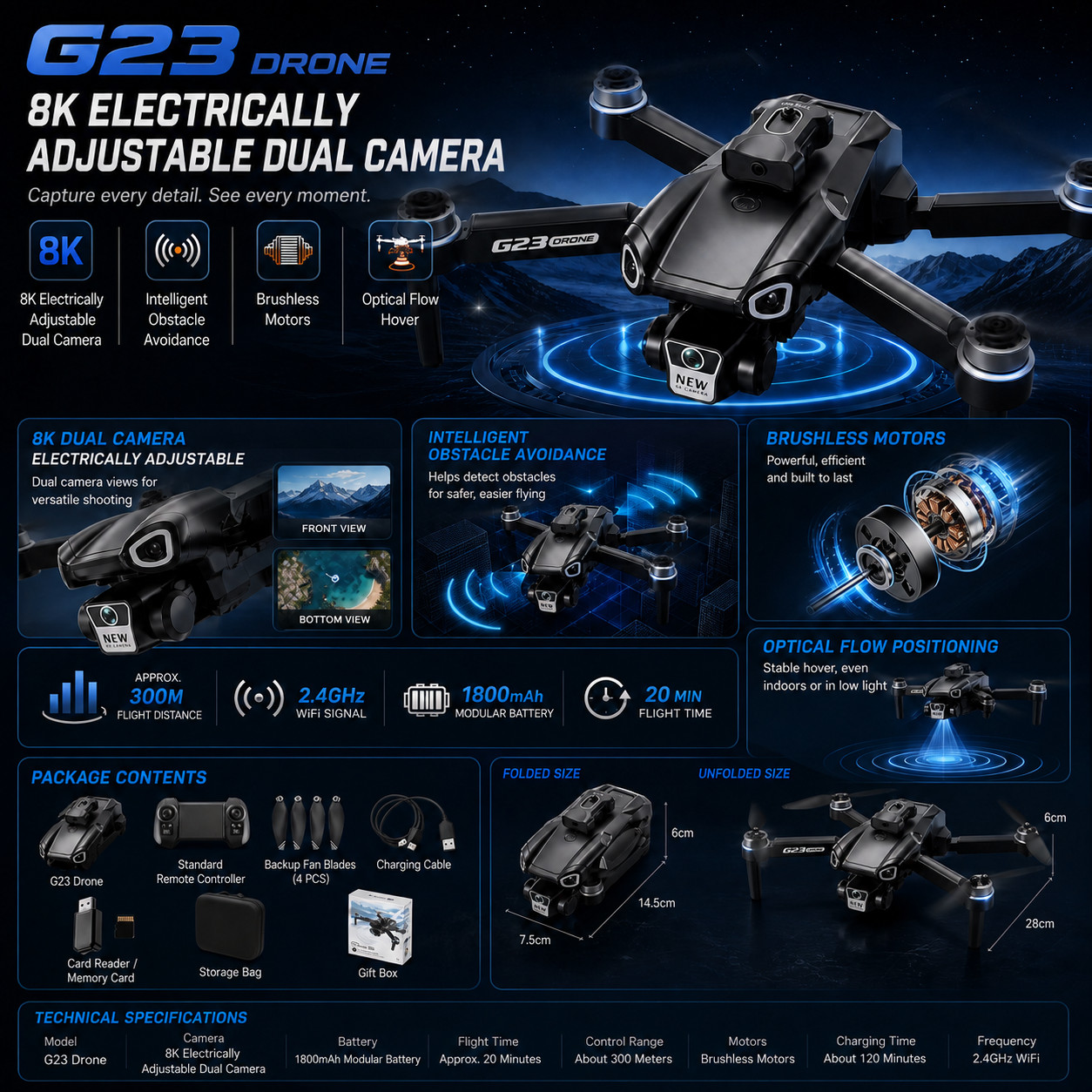 G23 8K Dual Camera Foldable Drone Brushless Motor Obstacle Avoidance WiFi FPV