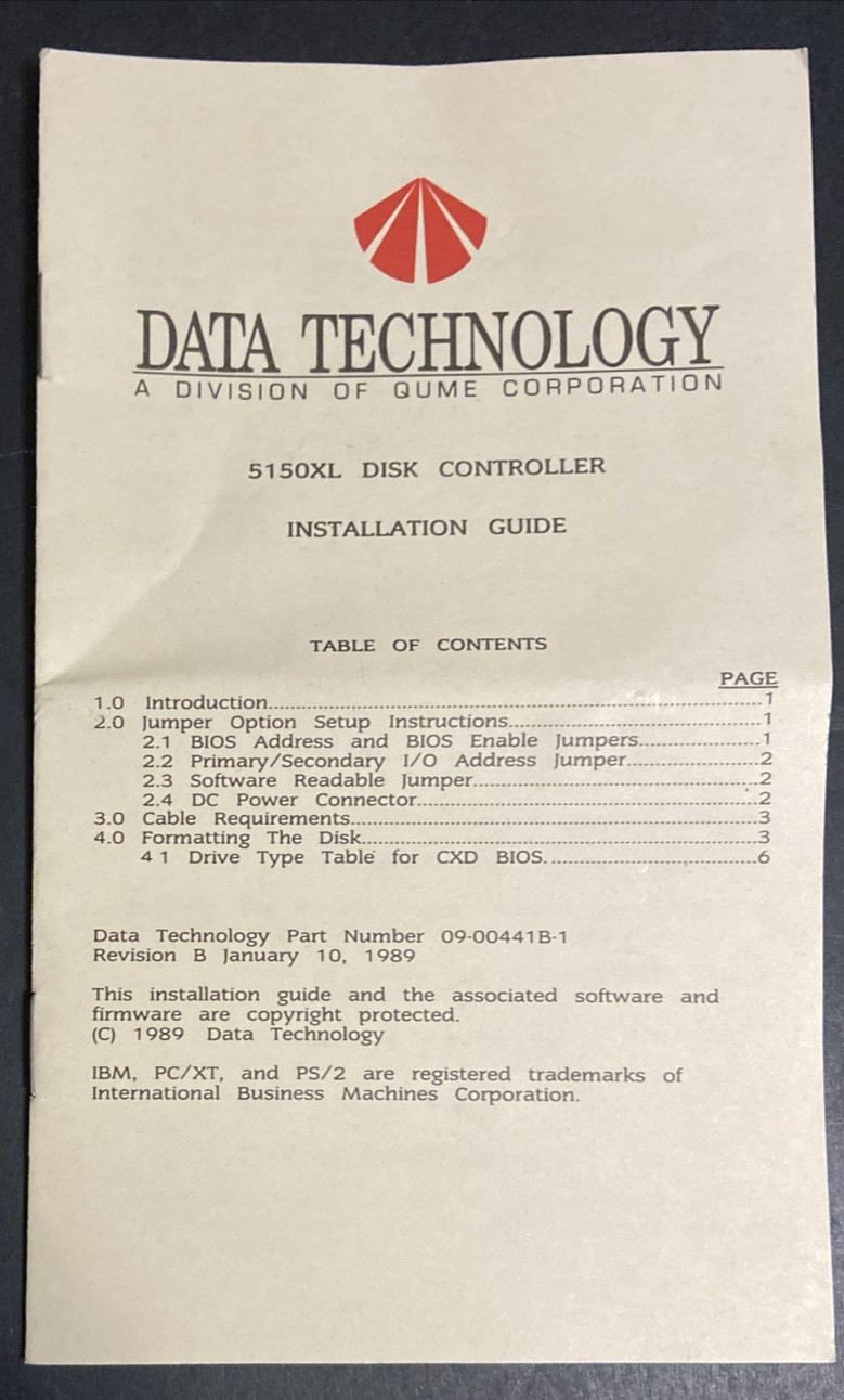 DATA TECH DTC 5150XL ISA HARD DRIVE CONTROLLER Installation Guide Only