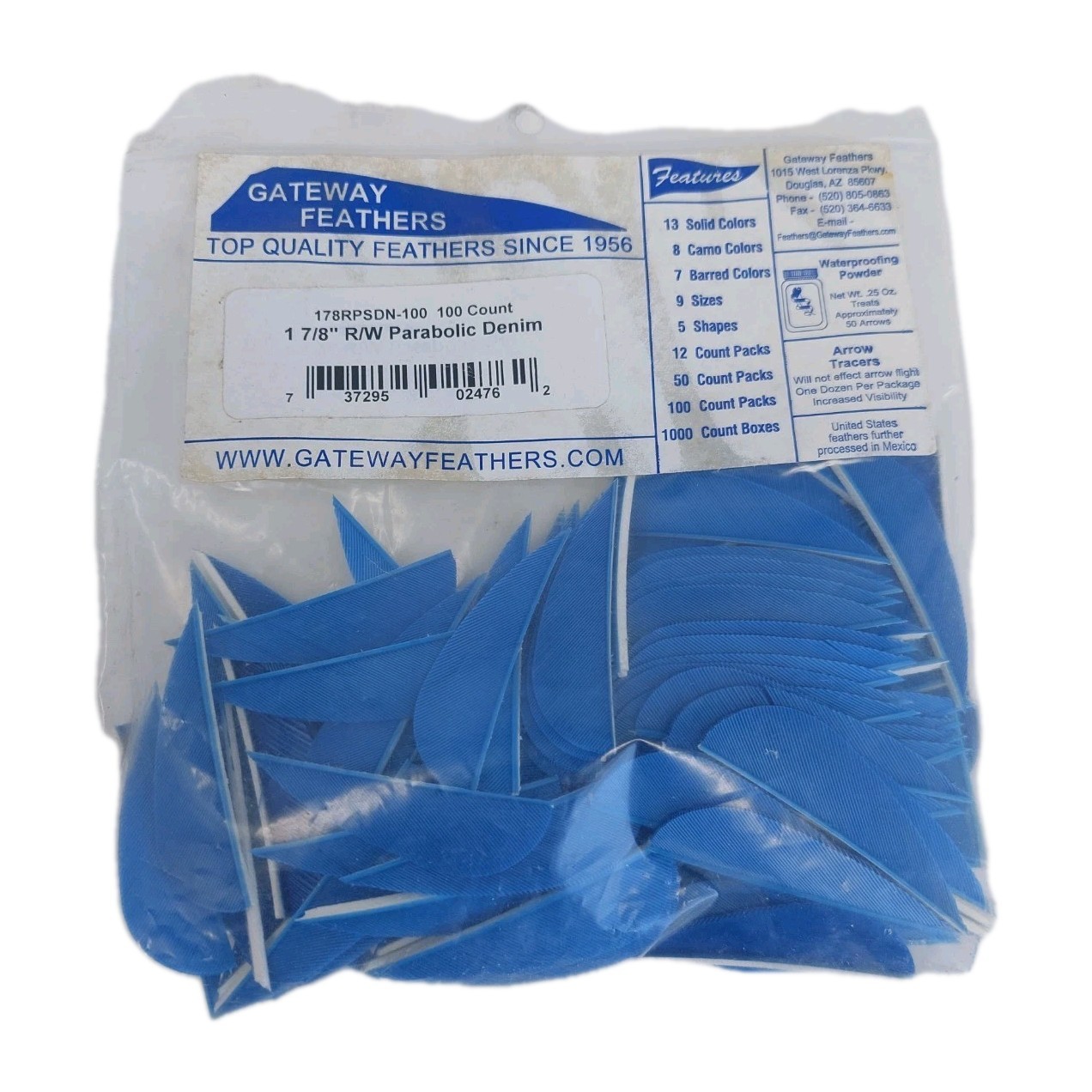 100 Pack Gateway Feathers 1 7/8" Right Wing: Parabolic Denim Blue 178RPSDN-100