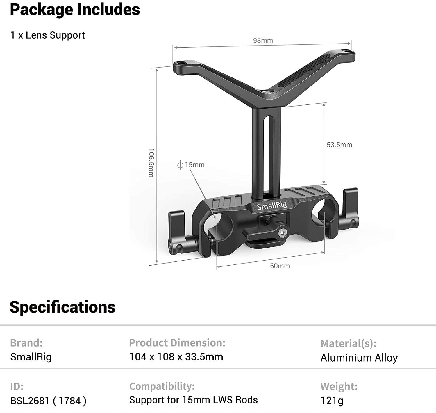 15mm Long Lens Support Bracket for DSLR Camera Shoulder Rig Adjustable BSL2681