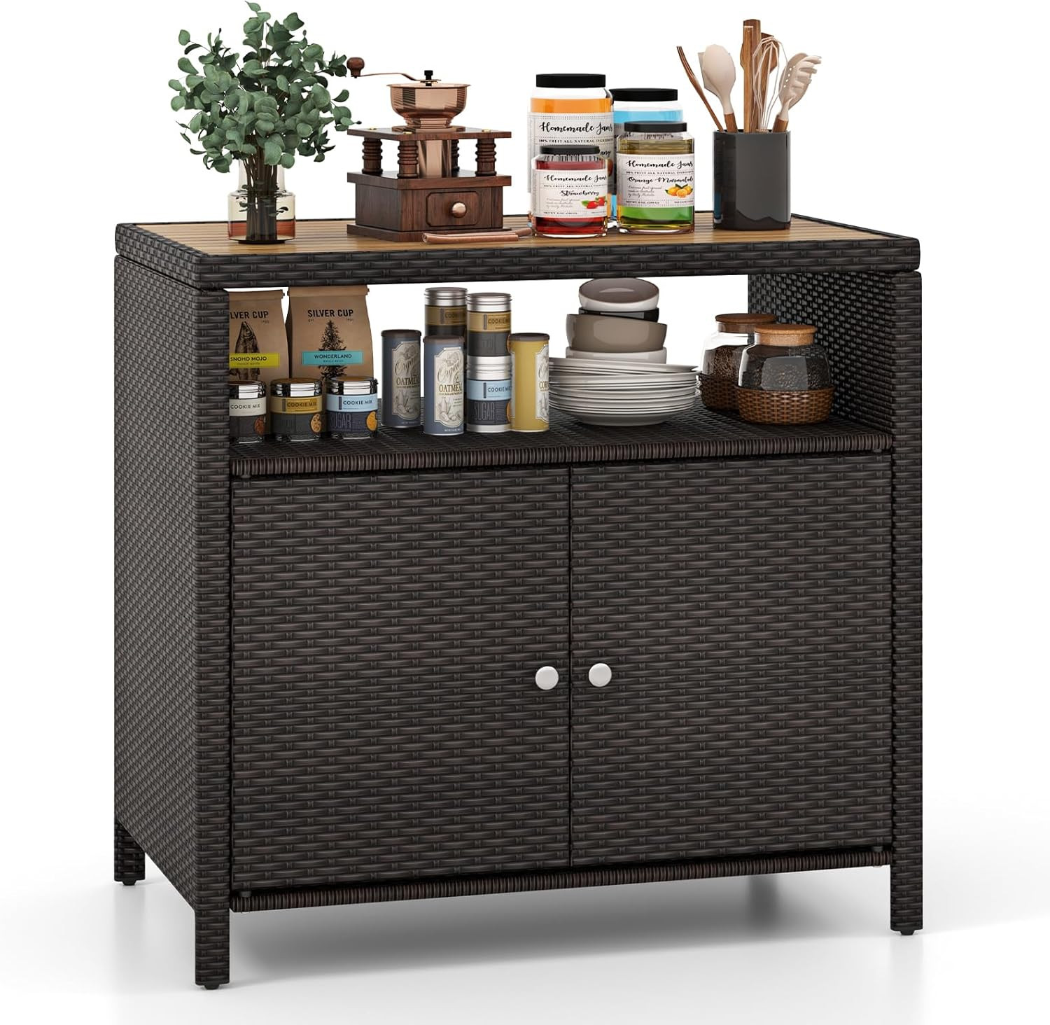 RELAX4LIFE Wicker Outdoor Bar Cabinet - PE Rattan Patio Bar Table W/Acacia Wood
