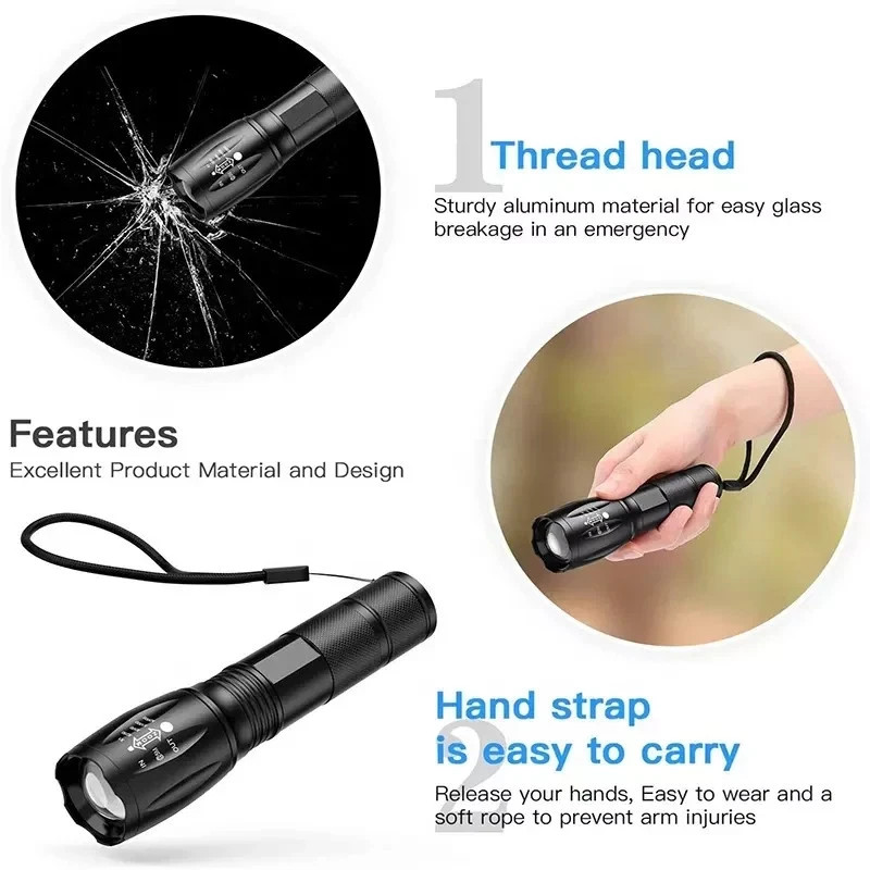 Tactical Flashlight Super-Bright 90000LM LED 3-Modes Zoomable Torch Black 1-Pack