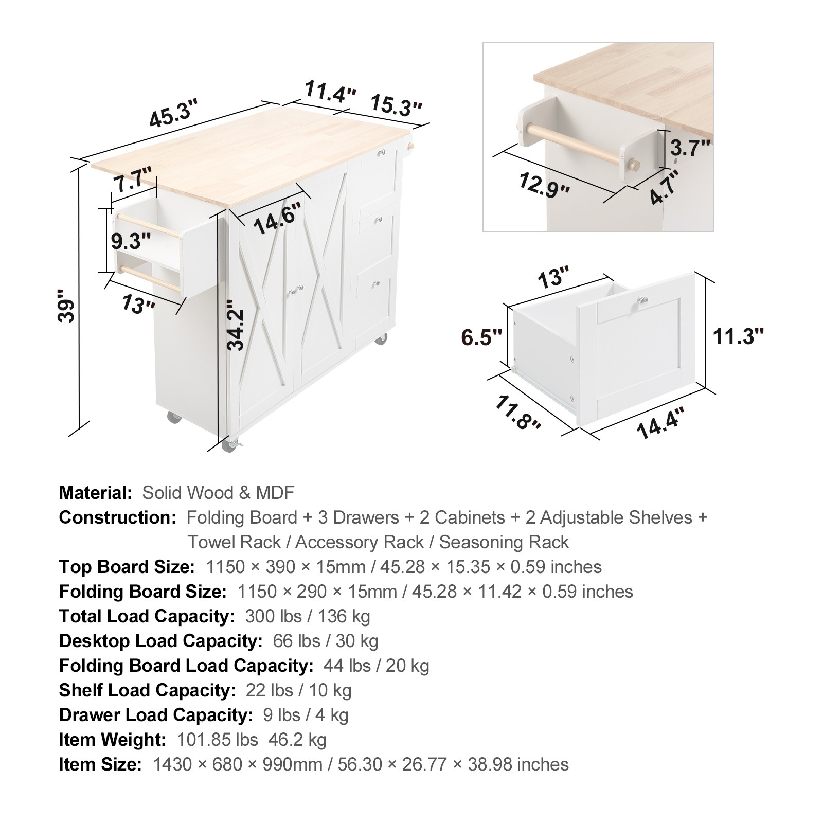 Kitchen Island Cart with Solid Wood Top, 45.3" Width Mobile Carts with Storage