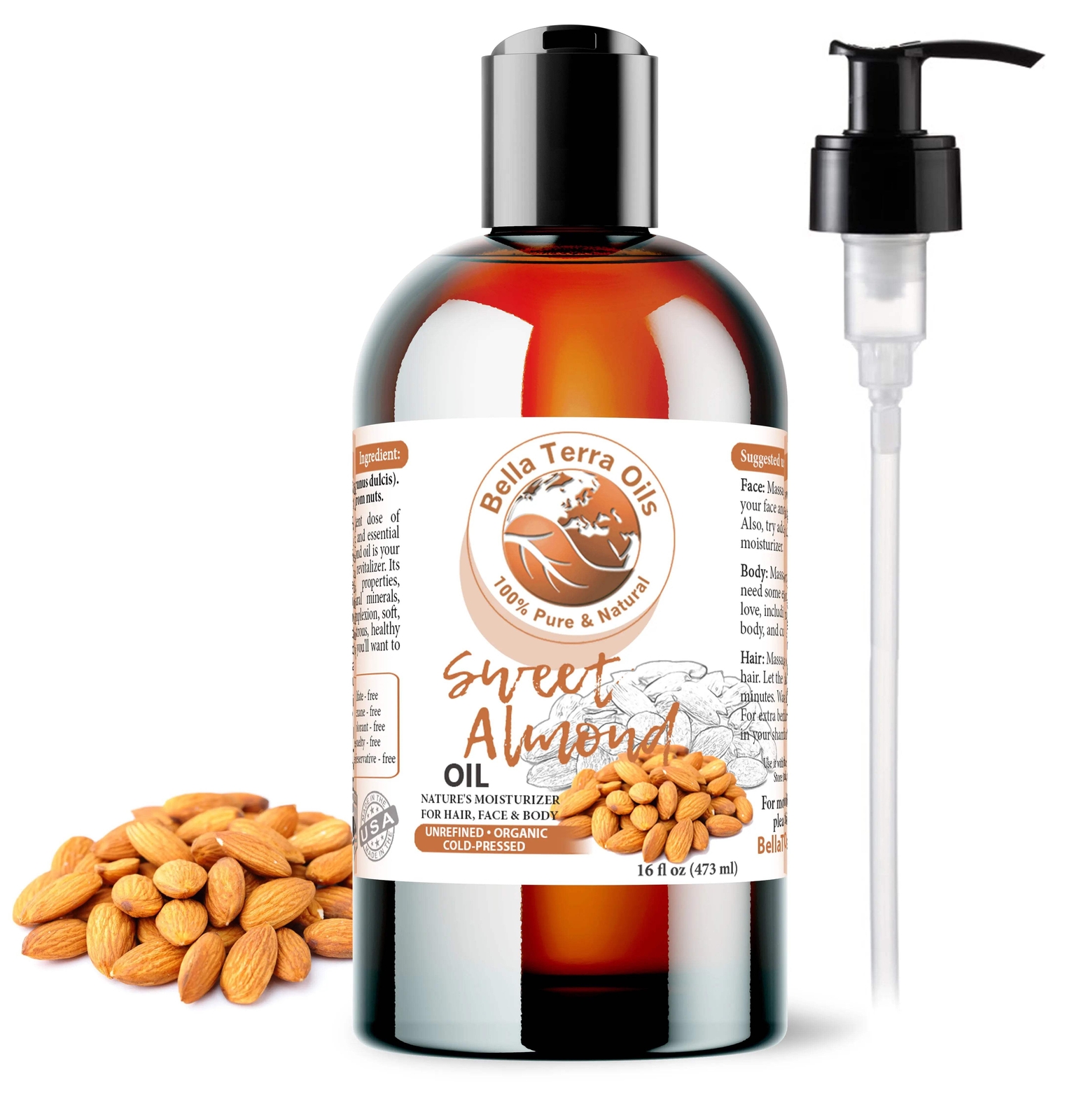 Organic Sweet Almond Oil - 16oz | Premium Grade, Cold-Pressed Oil for Skin, Hair