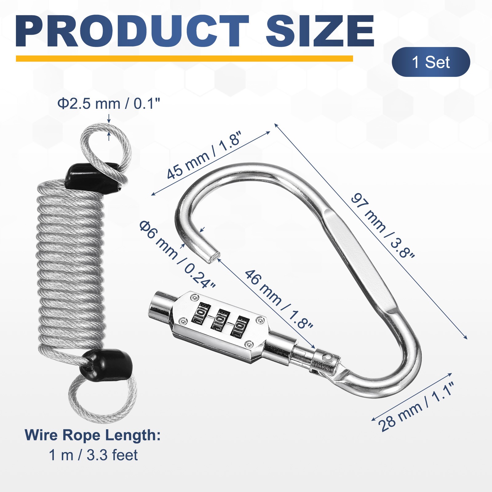 3.3Ft Security Cable Lock Steel Safety Cable with 3.8" Combination Lock Silver