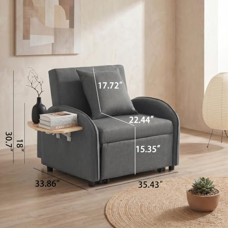 Sleeper Chair with Pull Out Bed, 5 in 1 Single Sofa Bed, Gray | Adjustable Backr