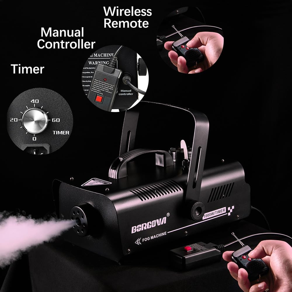 1000W Fog Machine with Timer, Wireless Remote, and Manual Control - Ideal for H