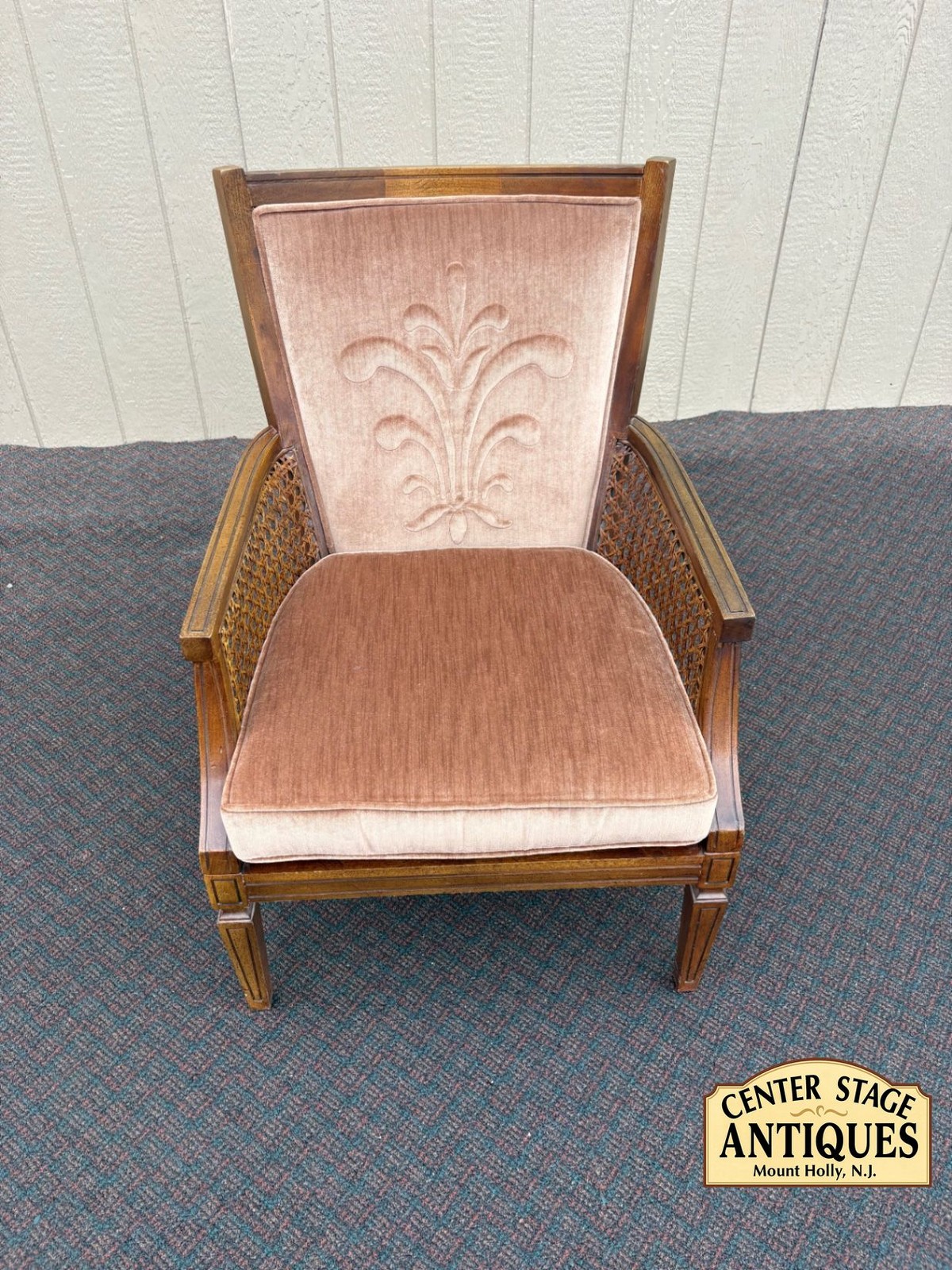 67510 Mid-Century Modern Cane Back Armchair with Velour Upholstery