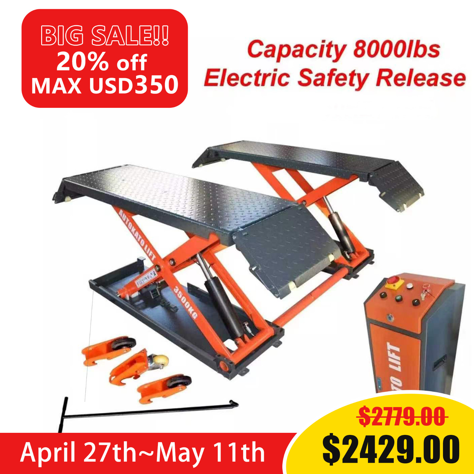 Movable Car Lift 3.5 Tons/ 8000lbs Hydraulic Midrise Scissor Lift for Car Garage