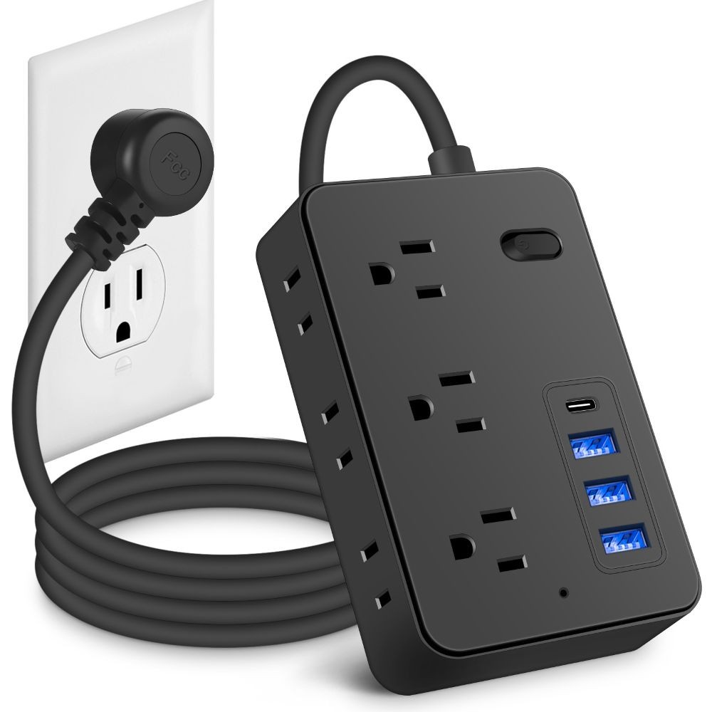3.9FT Extension Cord Surge Protector 9 AC Outlets USB-C USB Power Strip Black