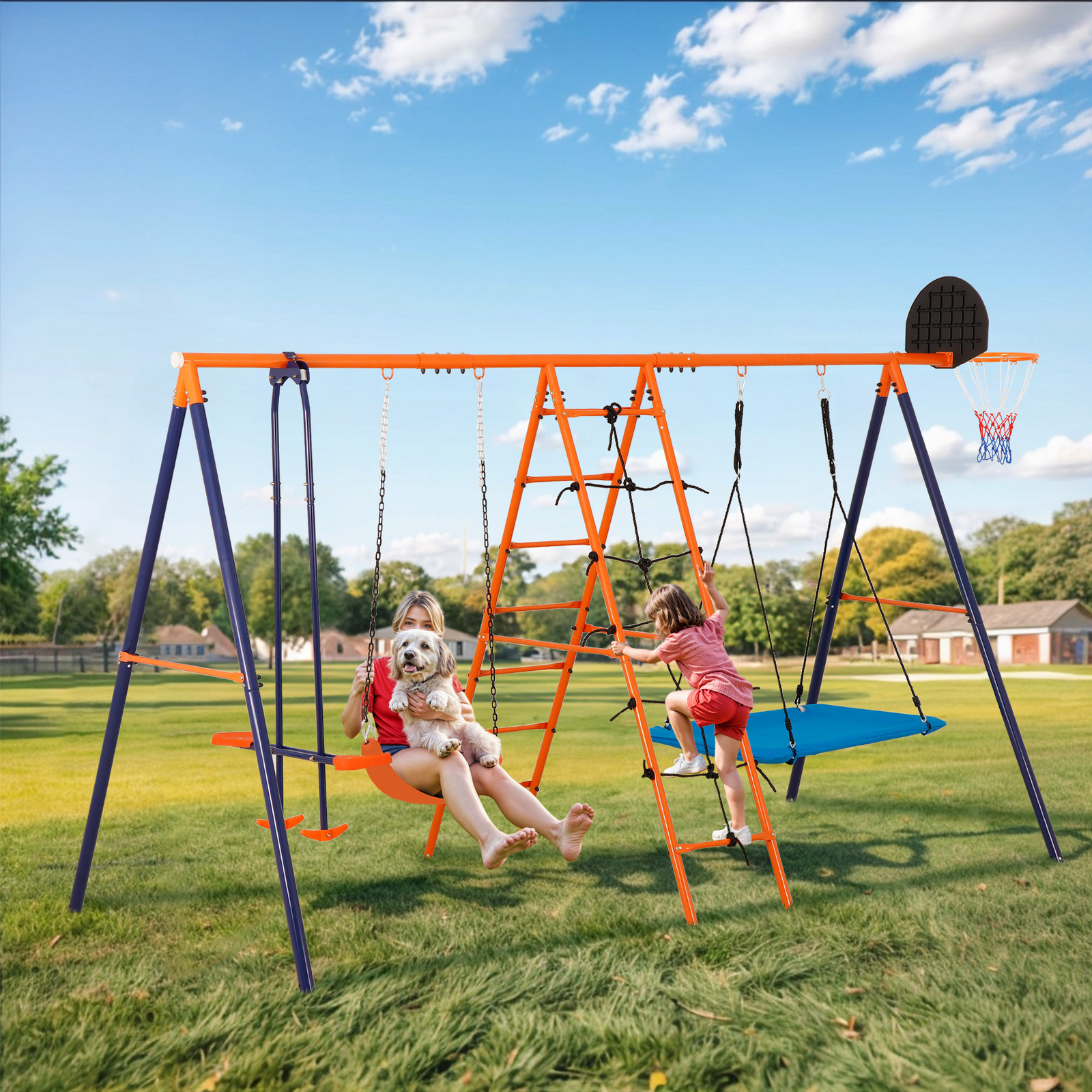 6 in 1 Swing Set Outdoor Kids Play Ground with Safety Frame for Backyard Park