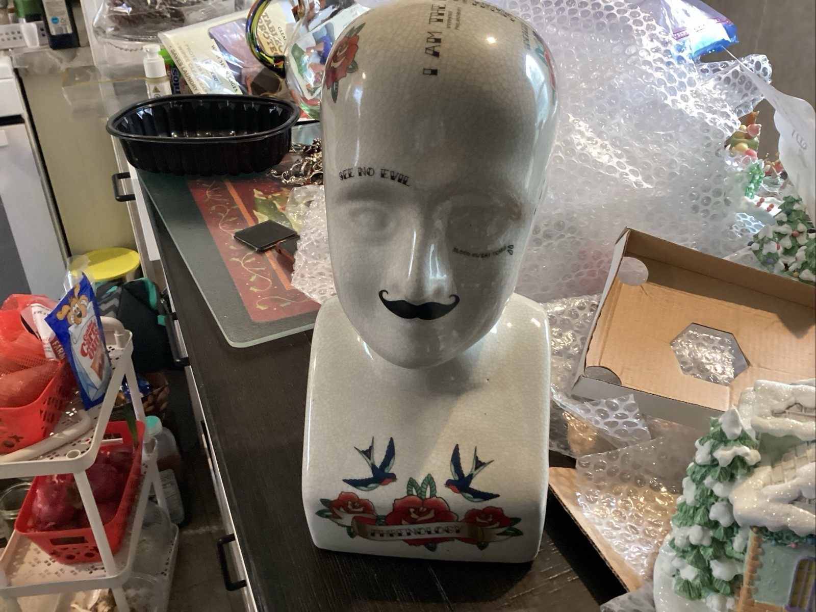 Traditional Tattooed Phrenology Head Bust Vtg Three Hands Corp Crackle Glazed