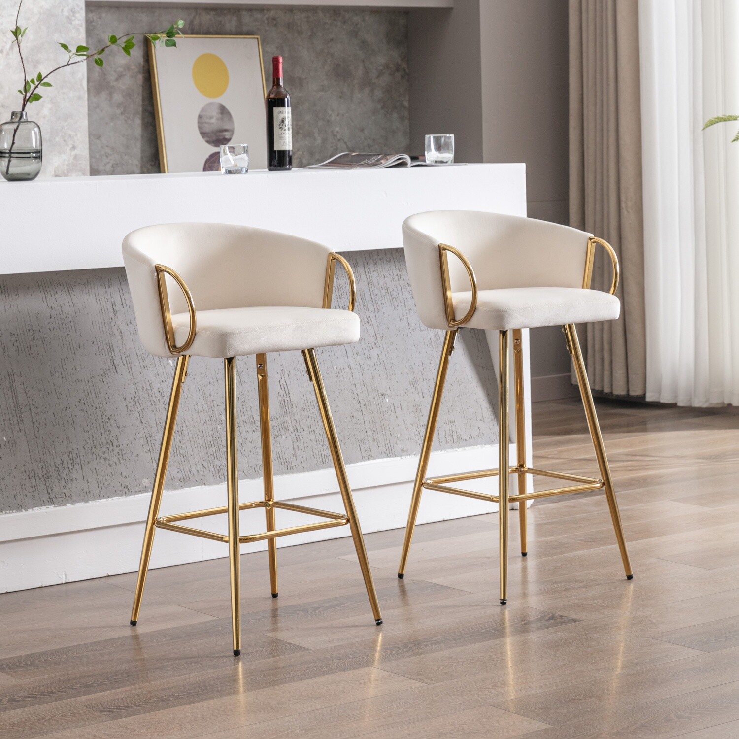 Set of 2 Bar Stools Counter Height Adjustable Bar Chair with Footrest Cream/Gray