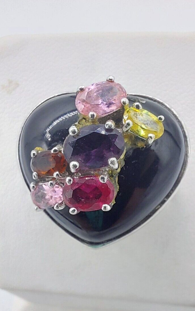 David Sigal 925 Sterling Silver Multi Gemstone Black Onyx Heart Ring