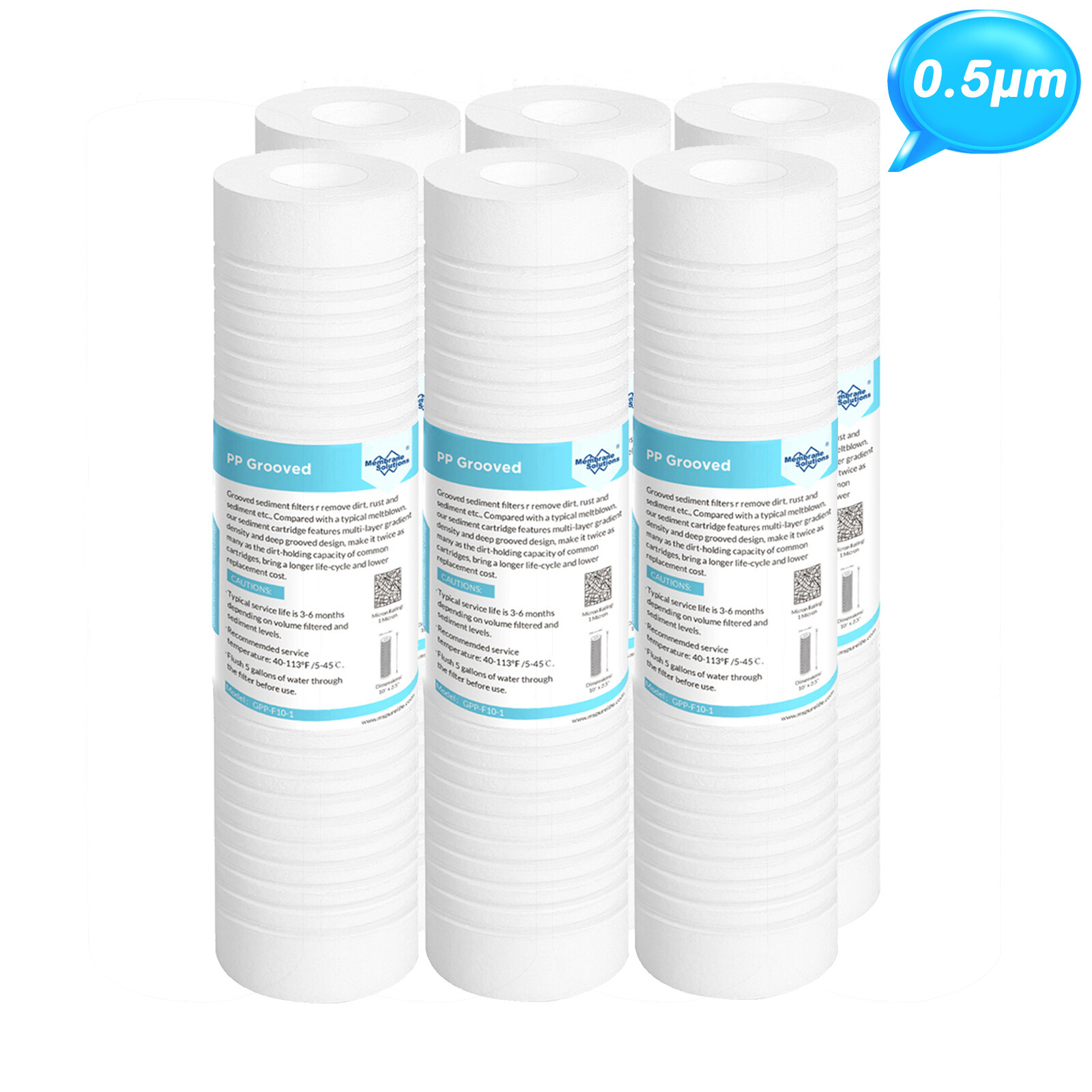 6 Pack 0.5 Micron 10"x2.5" Grooved Sediment Water Filter Whole House Replacement
