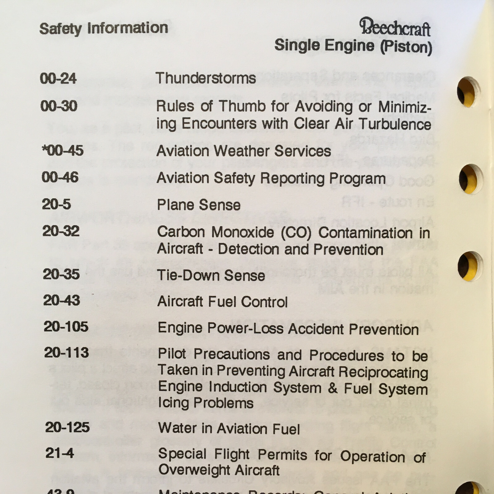 Beechcraft Single Engine (piston) Airplanes Safety Information Booklet