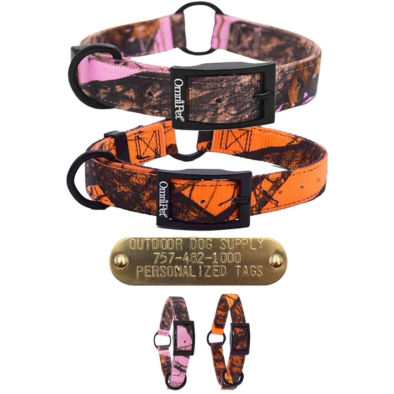 1" Mossy Oak Camo Center Ring Dog Collar w/ Personalized Brass Name Plate