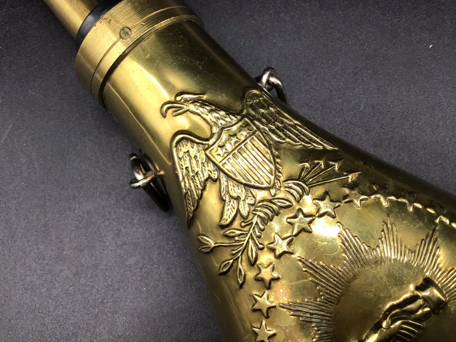 Brass Peace Pattern Powder Flask 9" x 4" U.S. Shield, Eagle & Clasped Hands