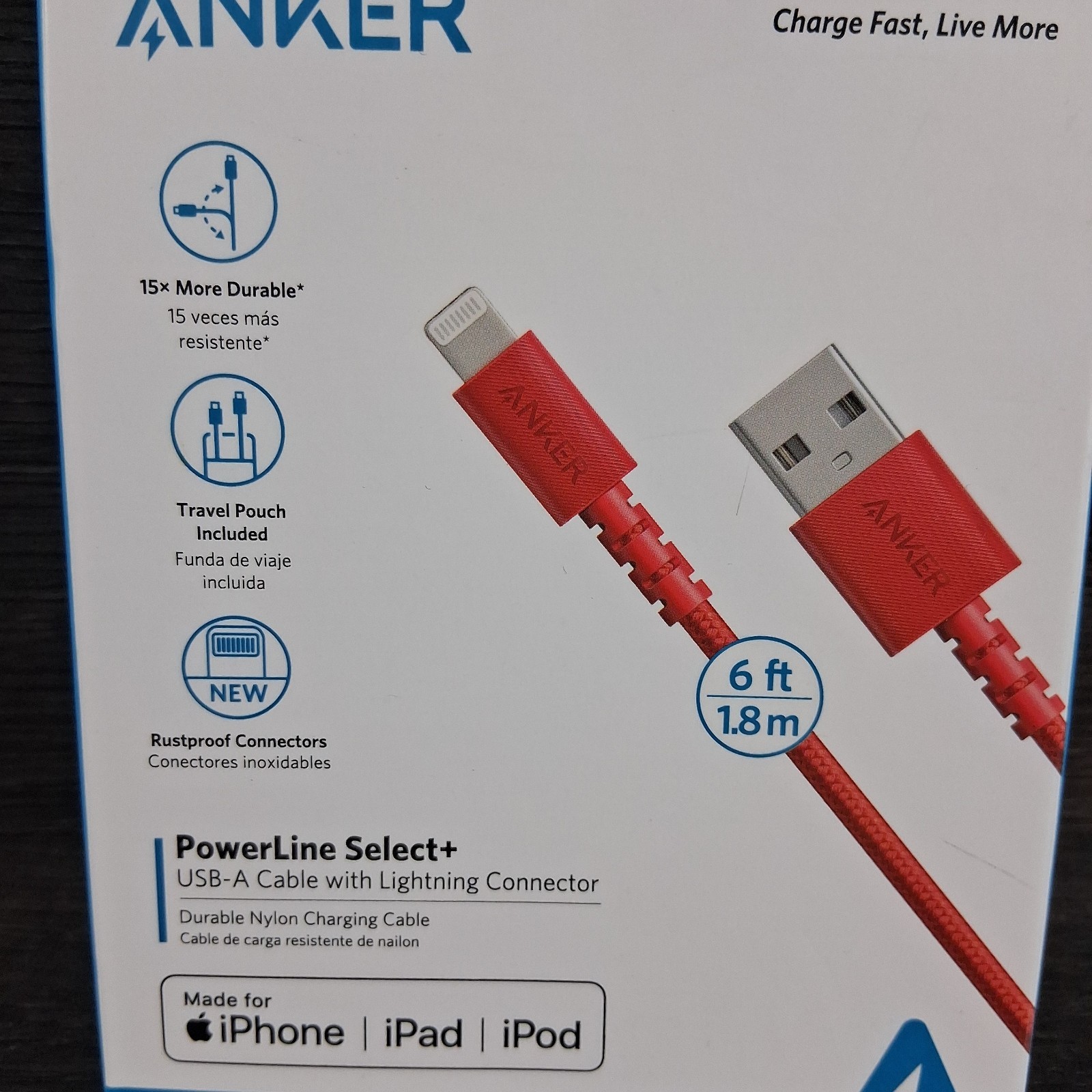 Anker USB-A Charging Cable For Apple Devices Red New