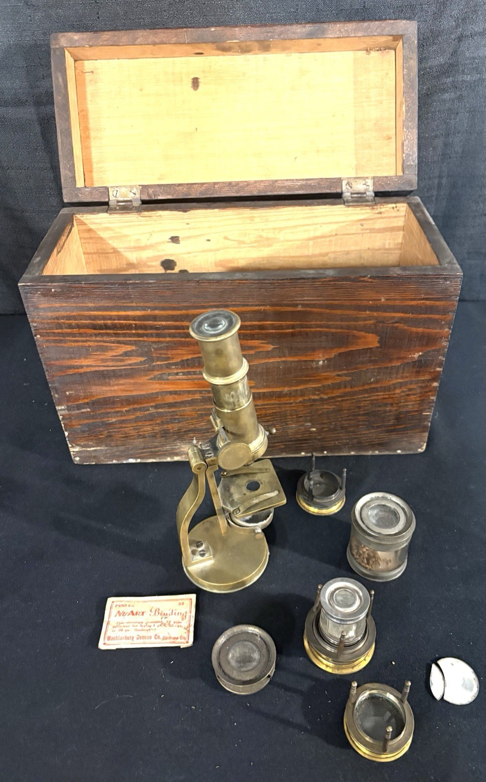 Antique Brass Field Microscope Wood Case & Multiple Lenses Victorian Late 1800’s