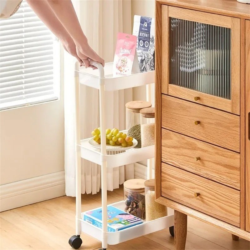 Floor-Standing Trolley with Handlebar Multi-Layer Storage Rack Kitchen Bathroom
