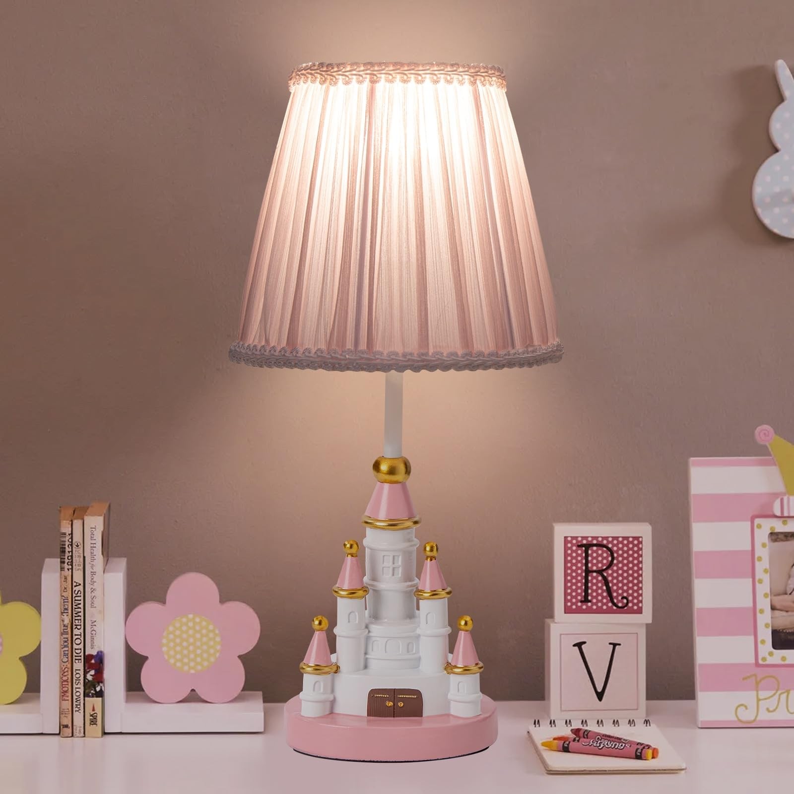 Kids Table Lamp, Adorable 14 Inch Castle Style Kids Desk Lamp, Pink Bedside L...