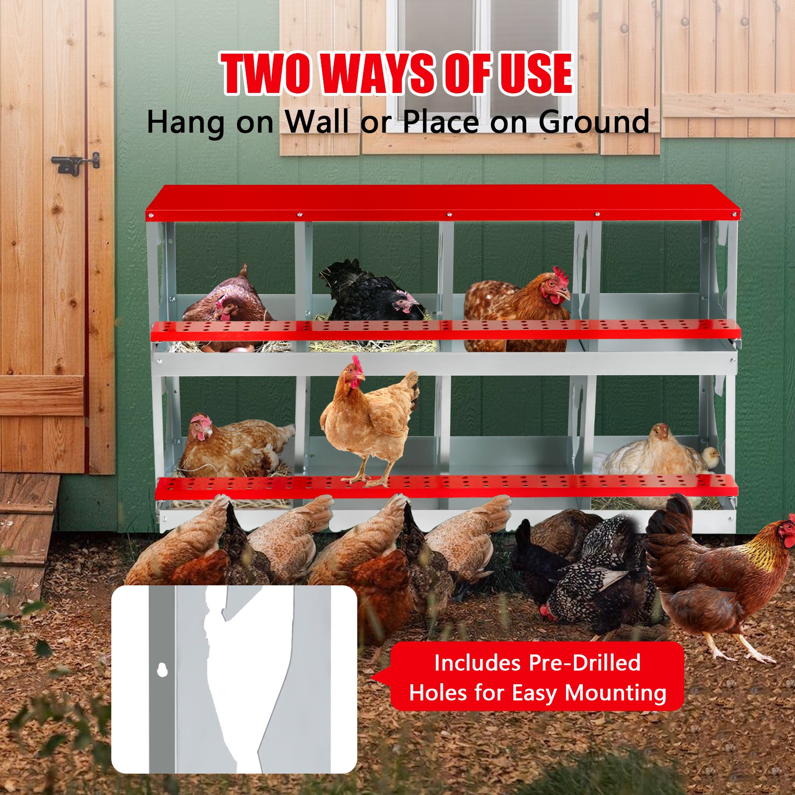 Chicken Nesting Box for Laying Eggs,Wall-Mountable Chicken Coop (RED,10 HLOES)