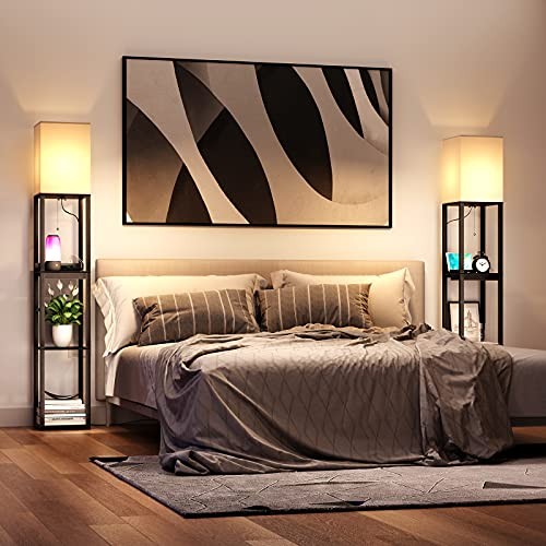 Black Solid Wood Floor Lamp with Shelves - Modern Dimmable - 1 Black
