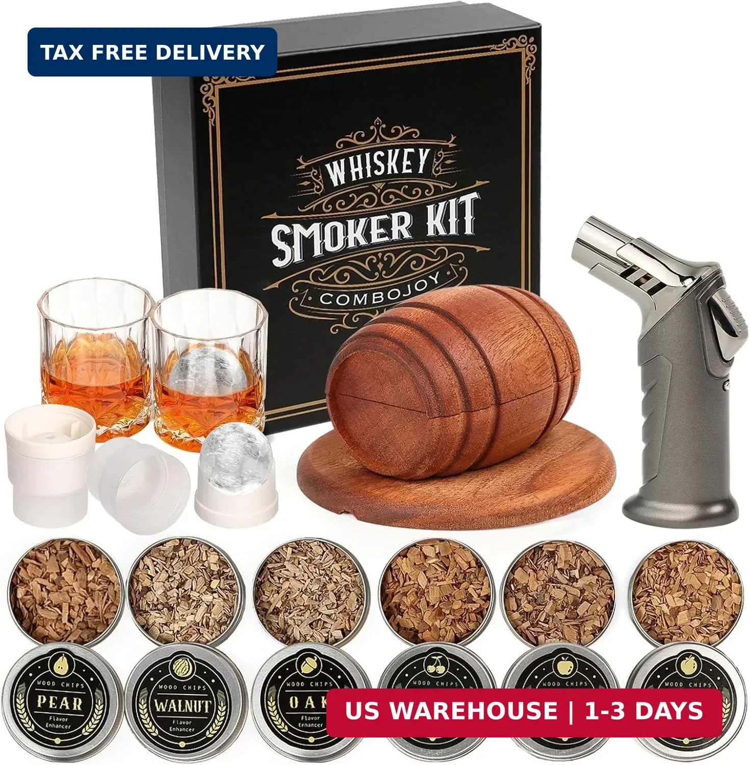 Whiskey Smoker Kit with Torch - 6 Flavors Wood Chips, 2 Glasses, 2 Ice Ball Mold