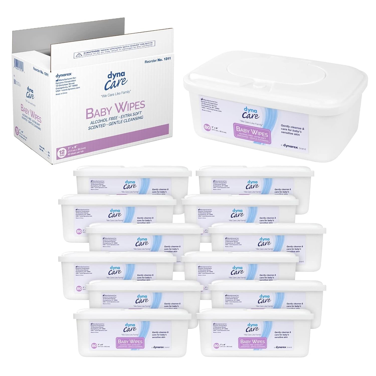 Dynarex Baby Wipes 7"x8" Aloe Lanolin Unscented No-Alcohol Tubs 80 Wipes 12ct