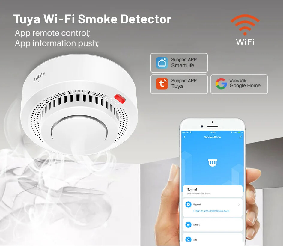 Tuya Smart WiFi Smoke Sensor Fire Protection 85dB Sound Security System Control