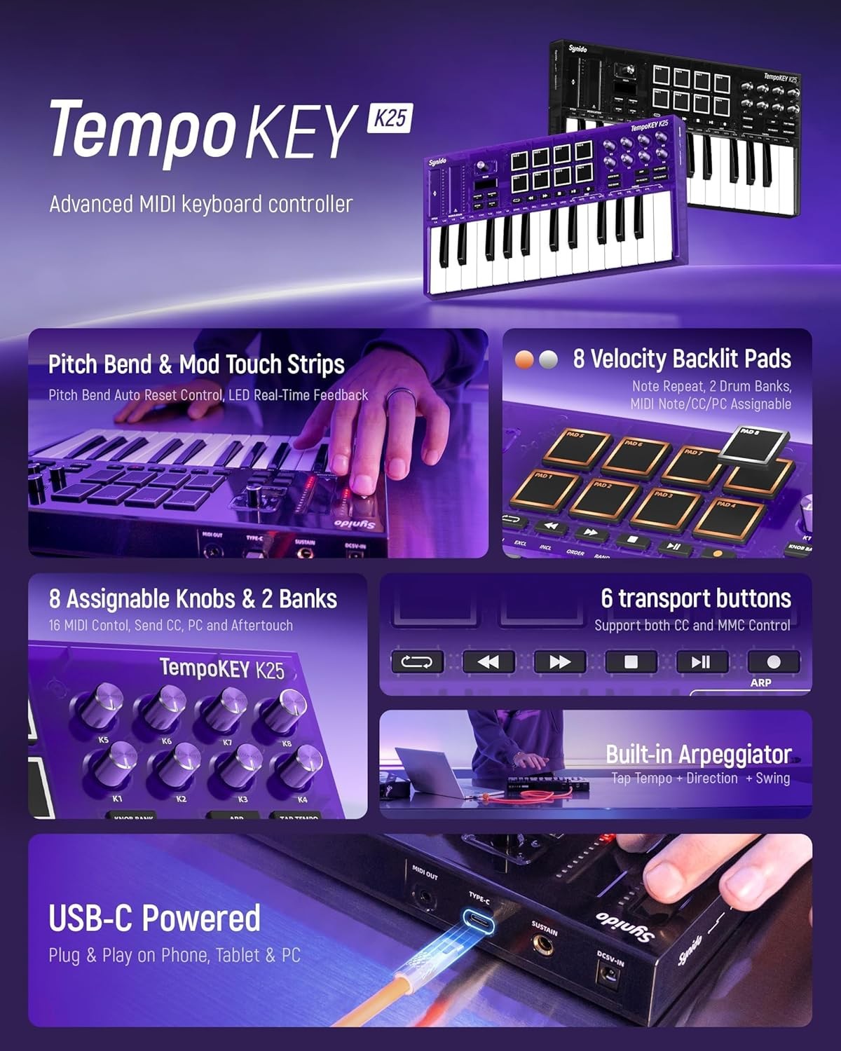 Synido 25 Key USB MIDI Keyboard Controller with Drum Pads, TempoKEY K25