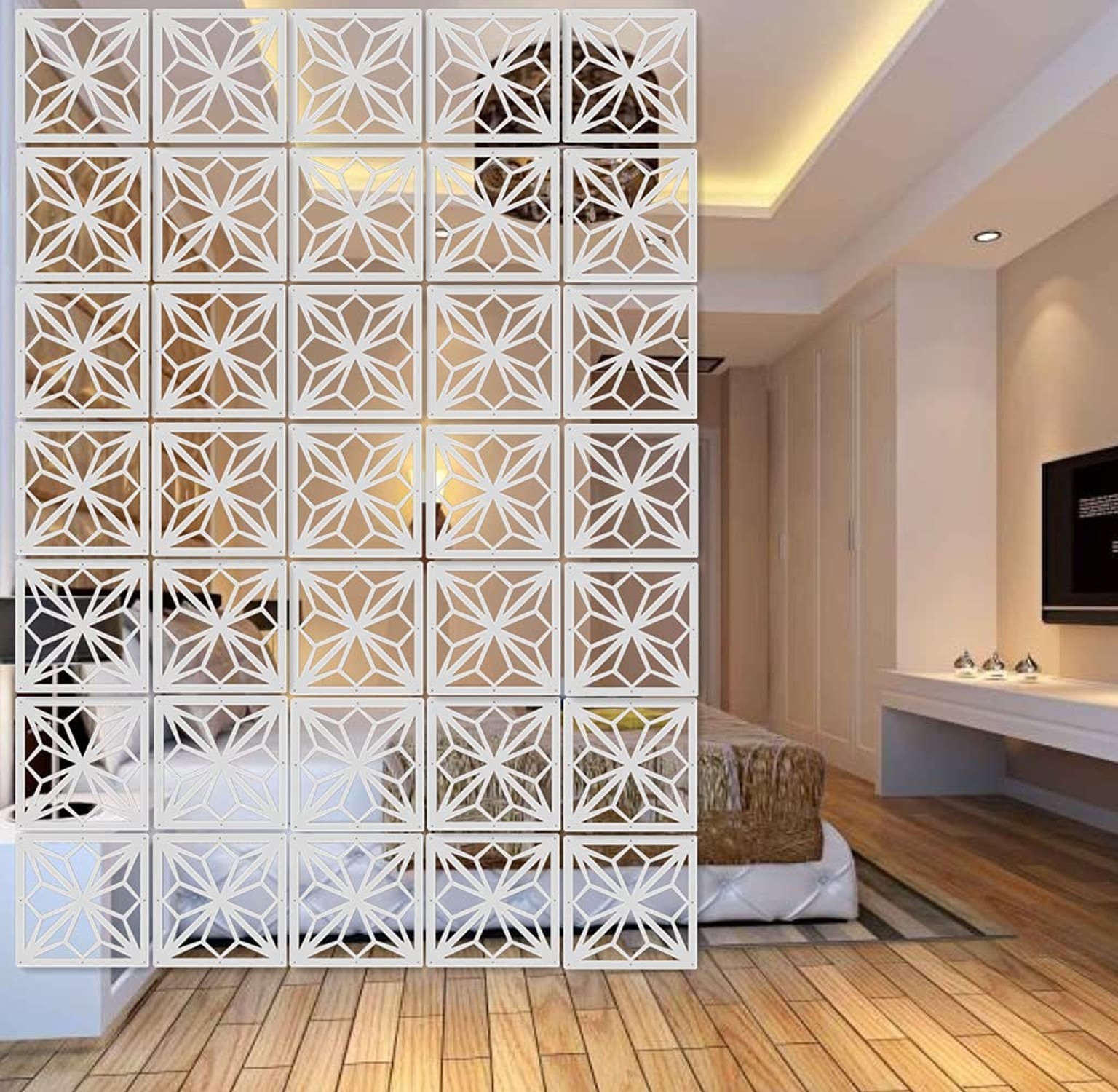 White Hanging Room Divider,12 Pieces Wood-Plastic DIY Panel Screens Partition...