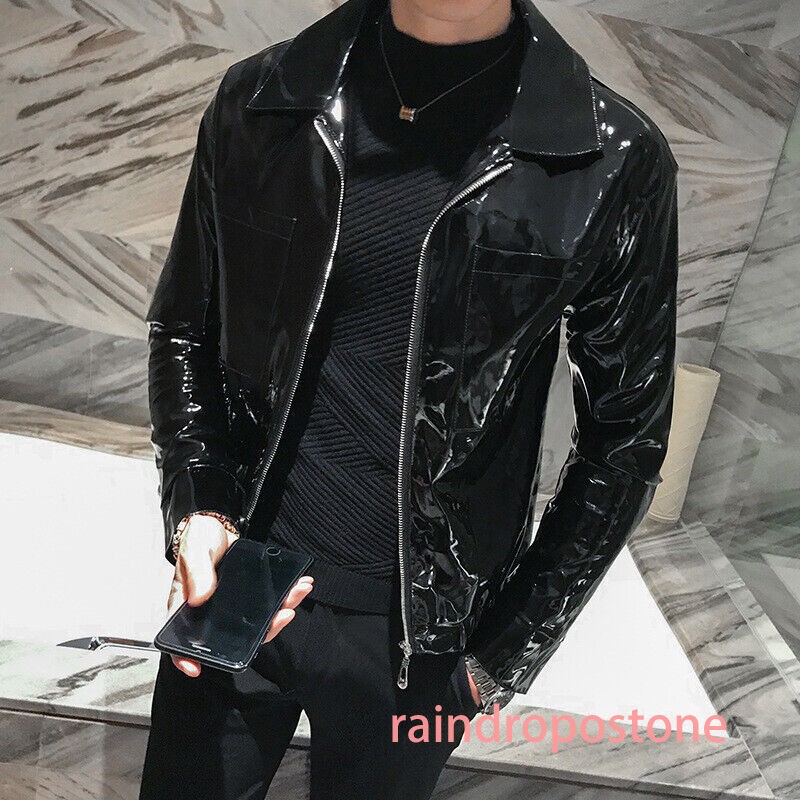 Men Faux Patent leather Jacket Glossy Long sleeve Motorcycle Outwear Slim Fit