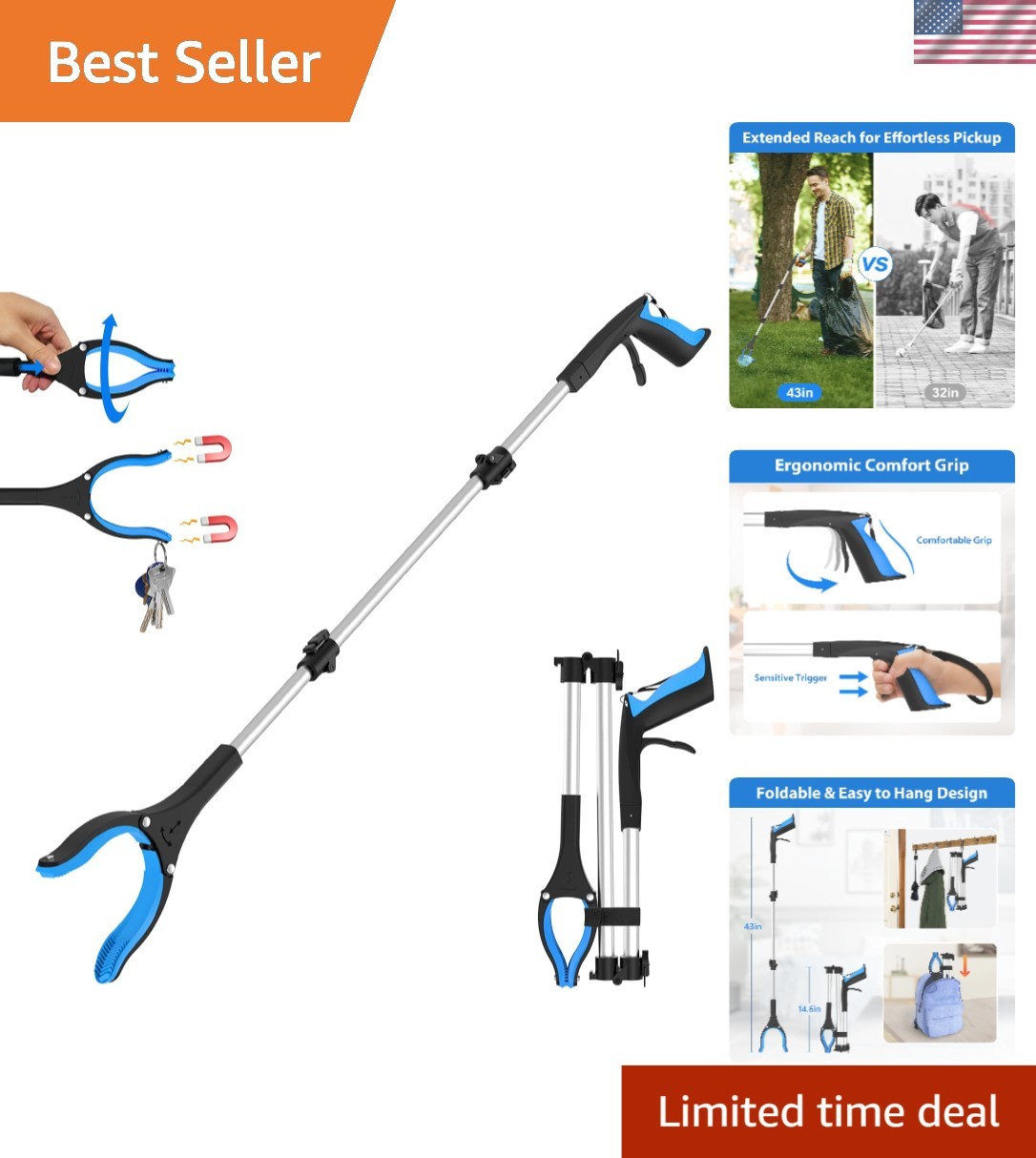 43” Lightweight Grabber Tool with 360° Rotating Claw - Easy Pickups for Seniors