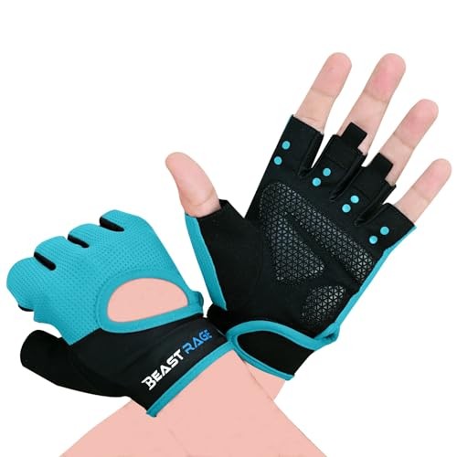 Workout Gloves for Men & Women - Fingerless Gym Gloves with Palm Small Cyan