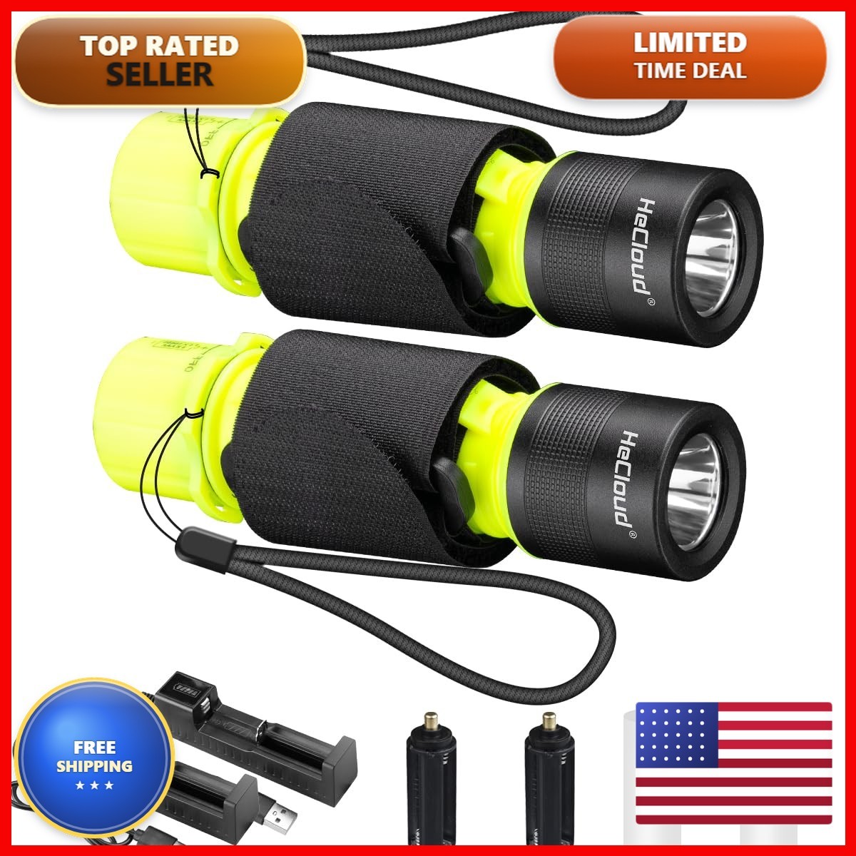 HECLOUD Dive Light Scuba Flashlight 2 Pack IPX8 Waterproof 3 Modes