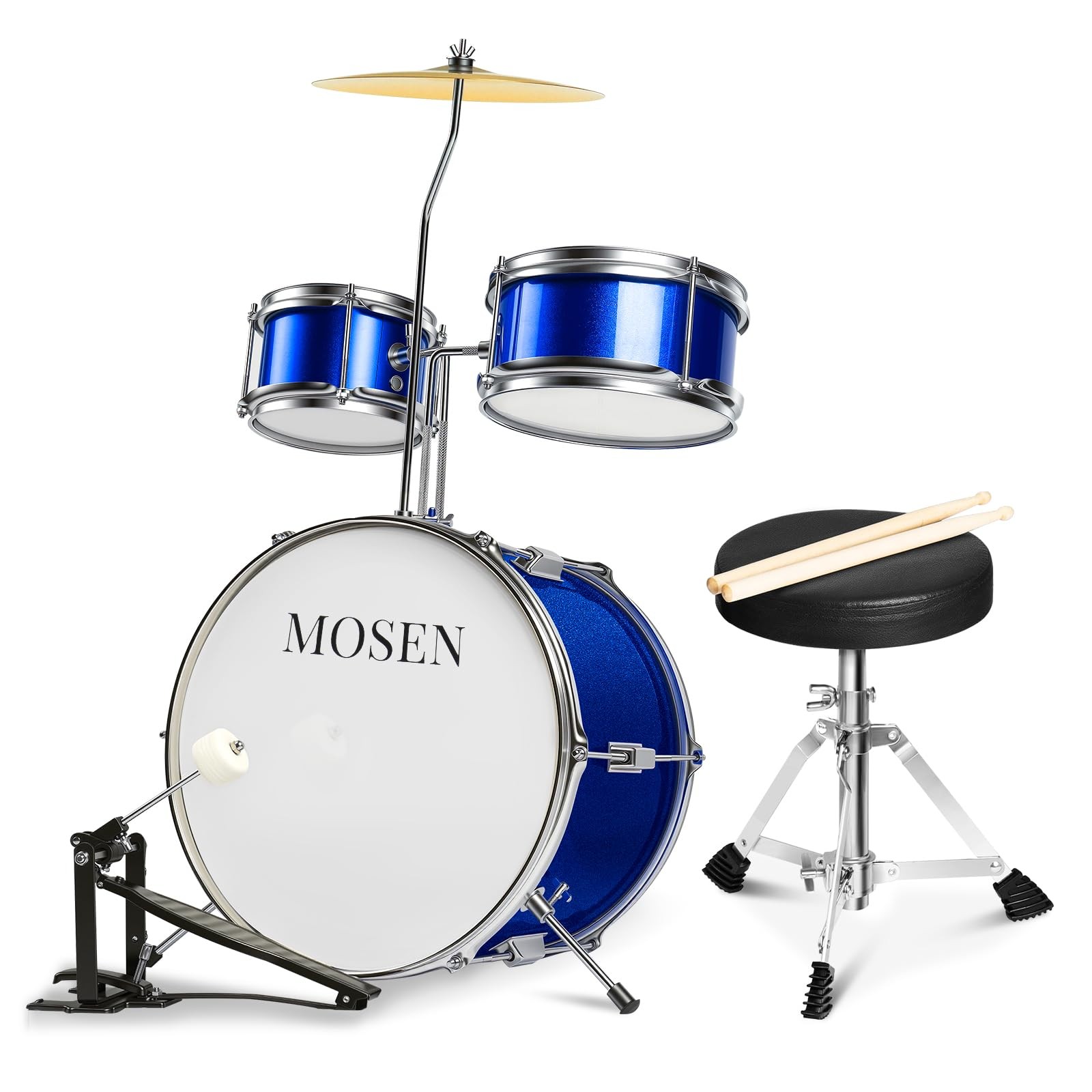 MOSEN Drum Set 3-Piece Beginner Junior Kit with Adjustable Blue