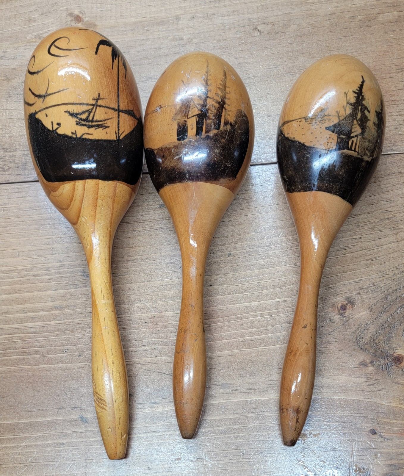 3 Vintage Original Mexican Handpainted Wooden Fiesta Maracas Lot Rumba Shakers