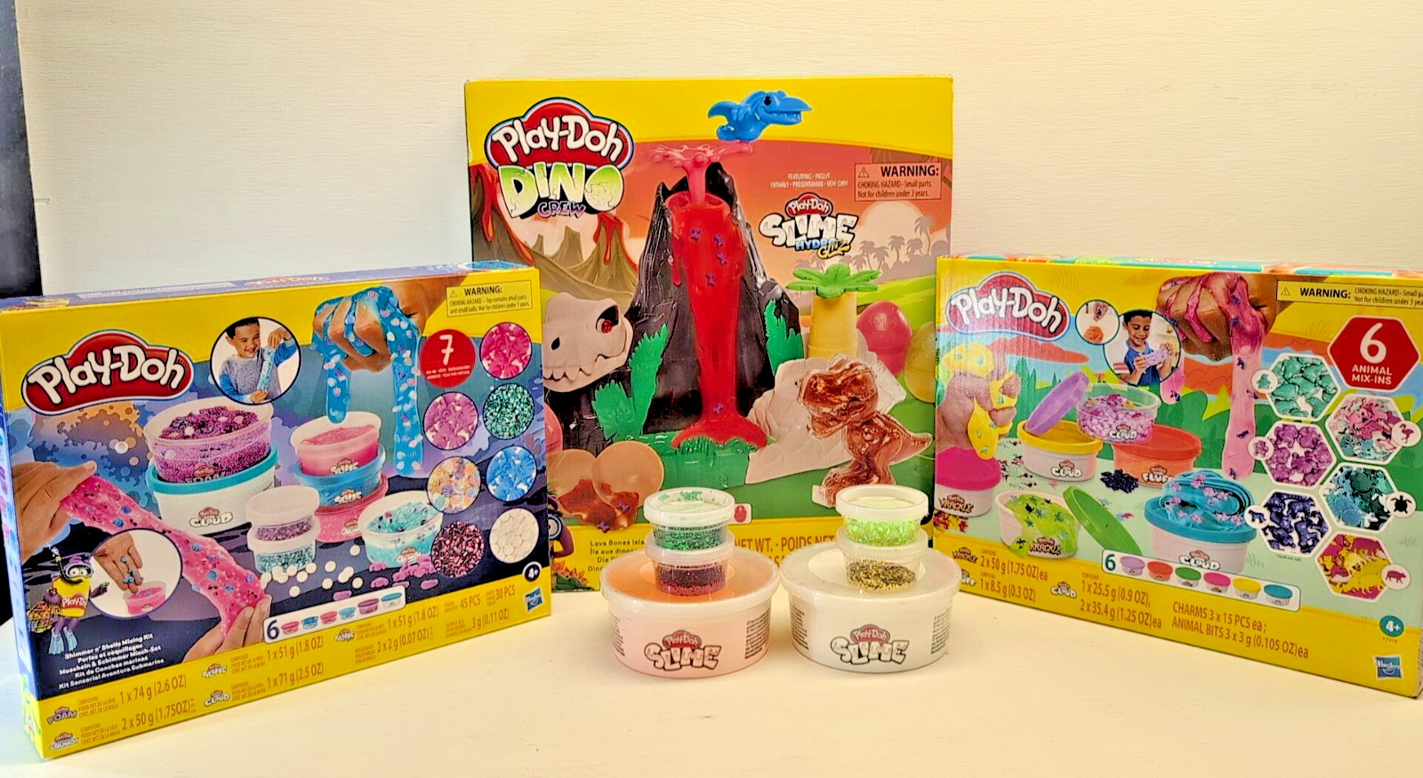 NEW! LOT OF 3 PLAY DOH DINO CREW SLIME, WILD ANIMALS & SHIMMER SHELLS MIXING KIT