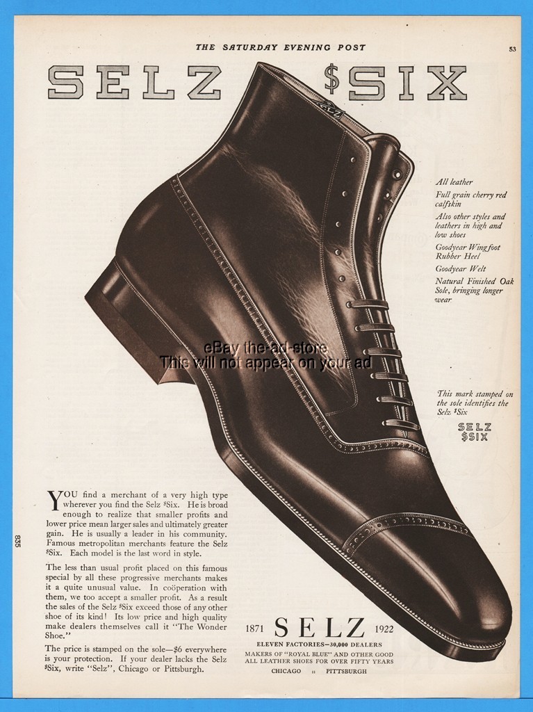 1921 SELZ $Six Leather SHOES Cherry Red 1920s Mens Fashion Style Footwear Ad