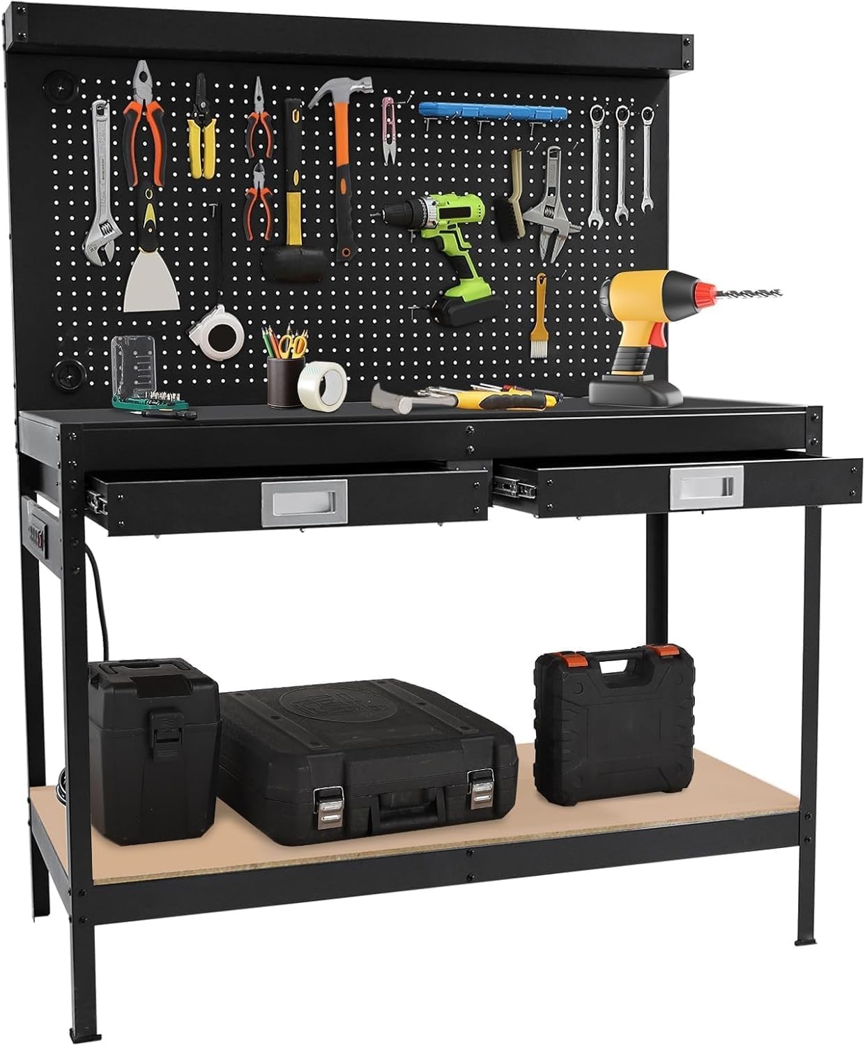 48" Work Bench&Pegboard,Drawer,Power Outlet Metal Tool Table for Garage/Workshop