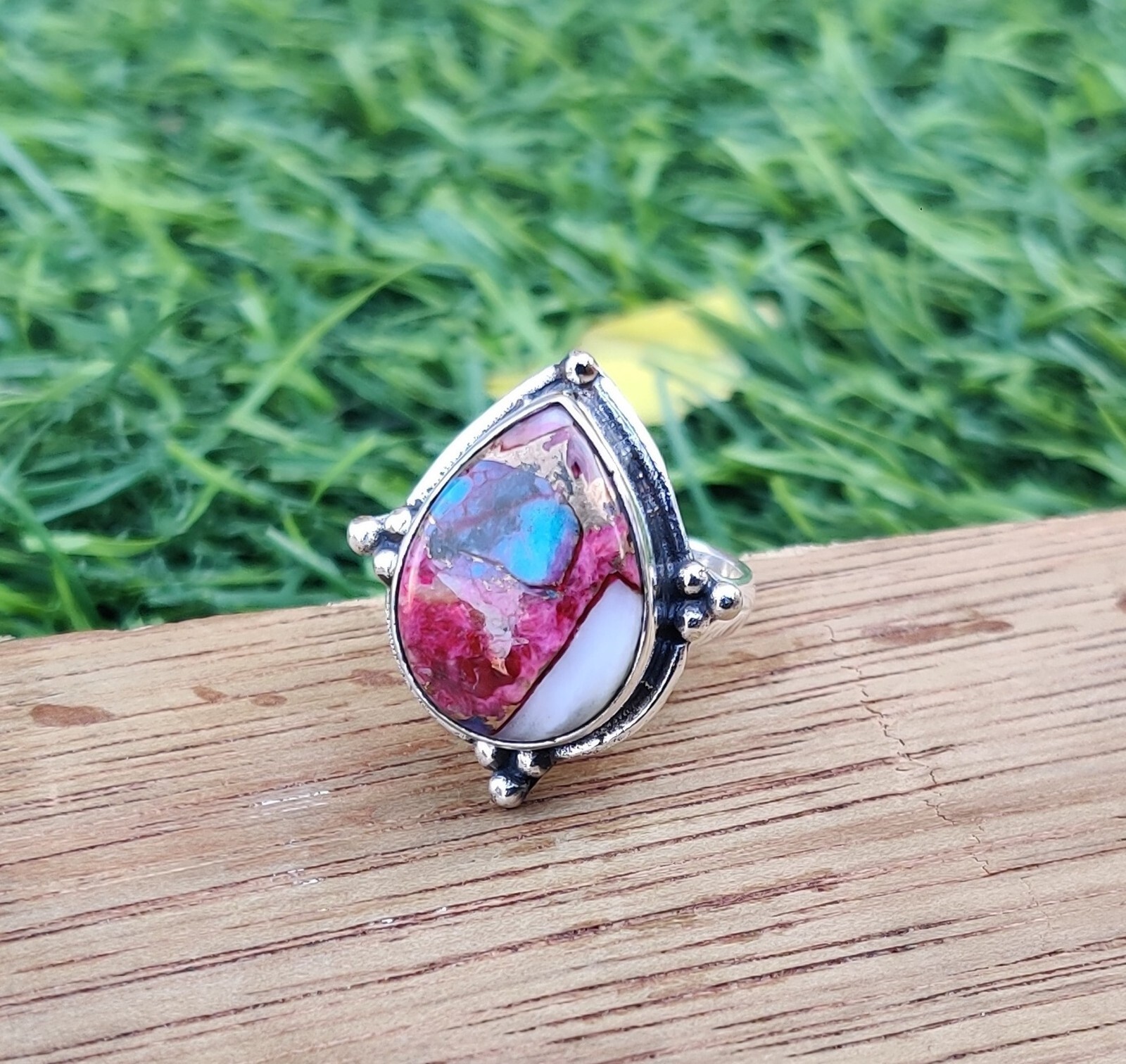 Pink Copper Turquoise Ring 925 Sterling Silver Lovely Ring Size 7 MO5602
