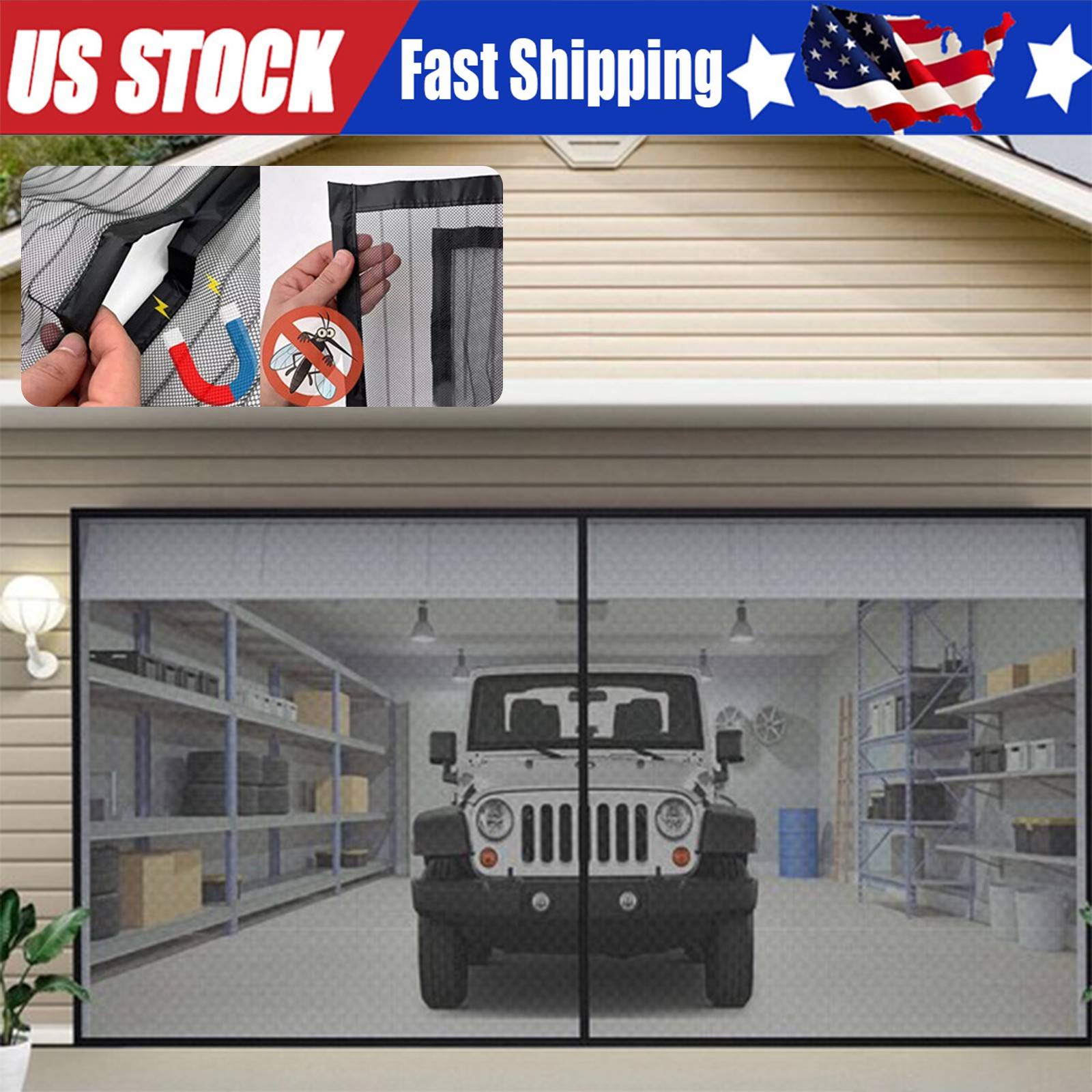 Magnetic Garage Door Screen 16 x 7ft for 2 Cars Heavy-Duty Garage Net Fiberglass