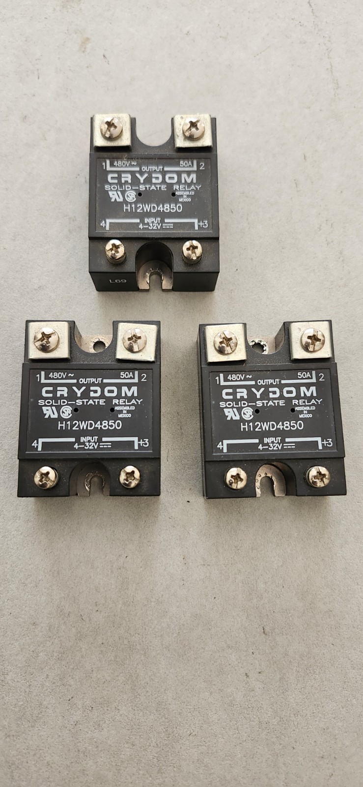 LOT OF THREE CRYDOM H12WD4850 480V 50A SOLID STATE RELAYS