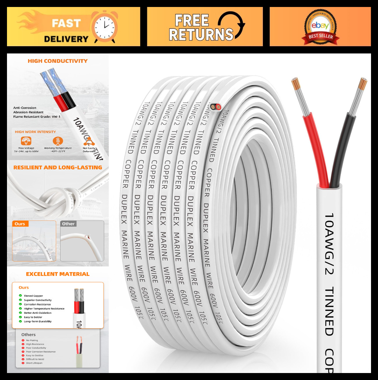 10/2 Duplex Tinned Copper Marine Wire 30FT - 10 AWG Waterproof, Flexible, Corros