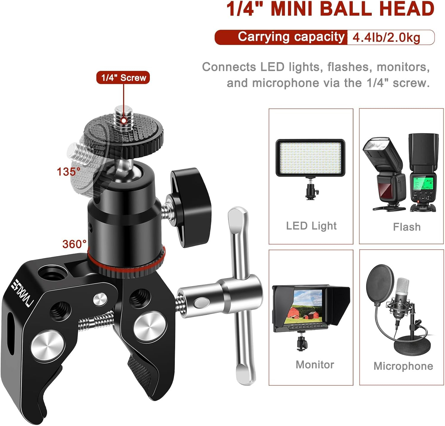 Microphone Clip Mic Clamp with Adjustable Ball Head and Mic Screw - Compatible w